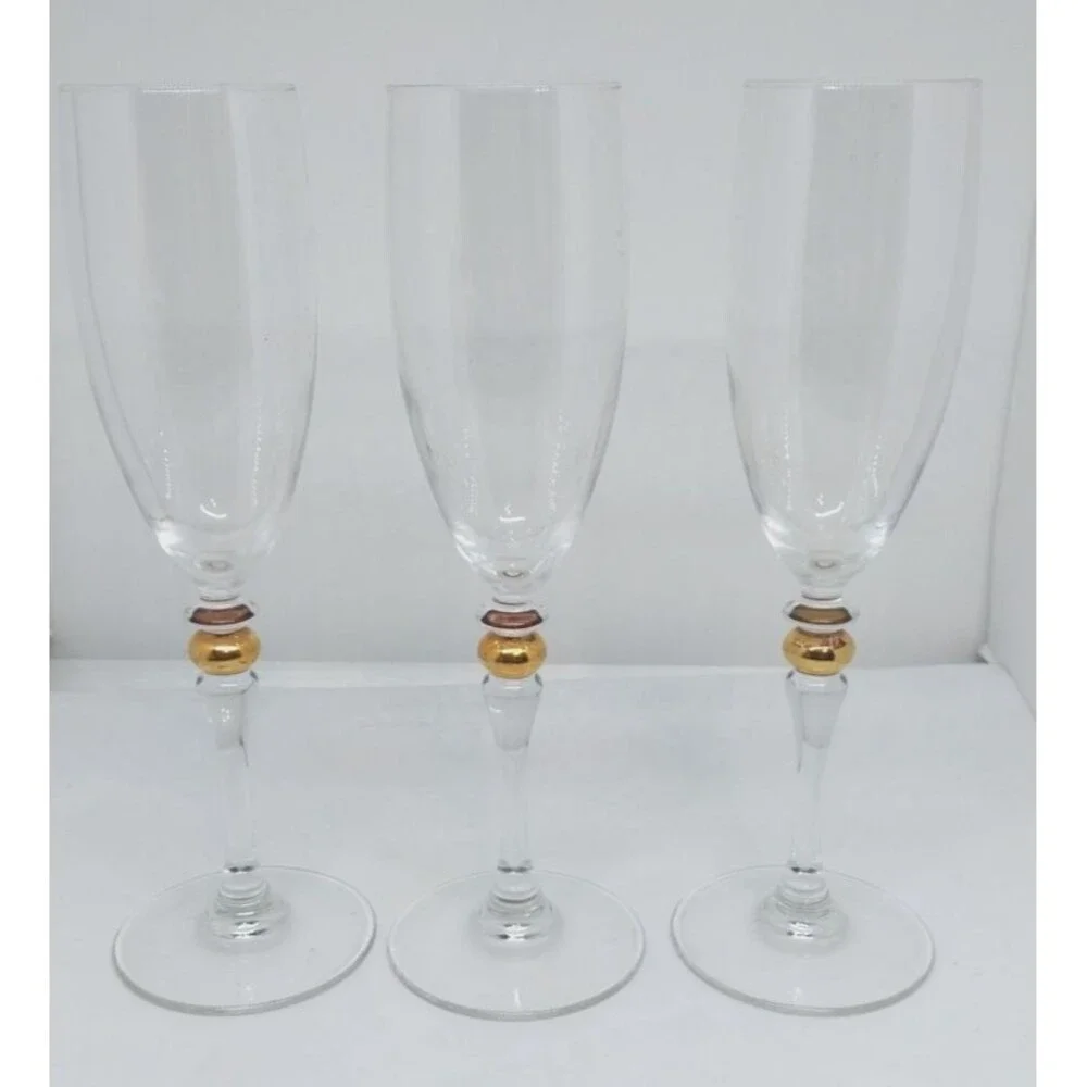 3 Champagne Flutes Cortina Gold Wafer in Stem by Cristal D'Arques-Durand